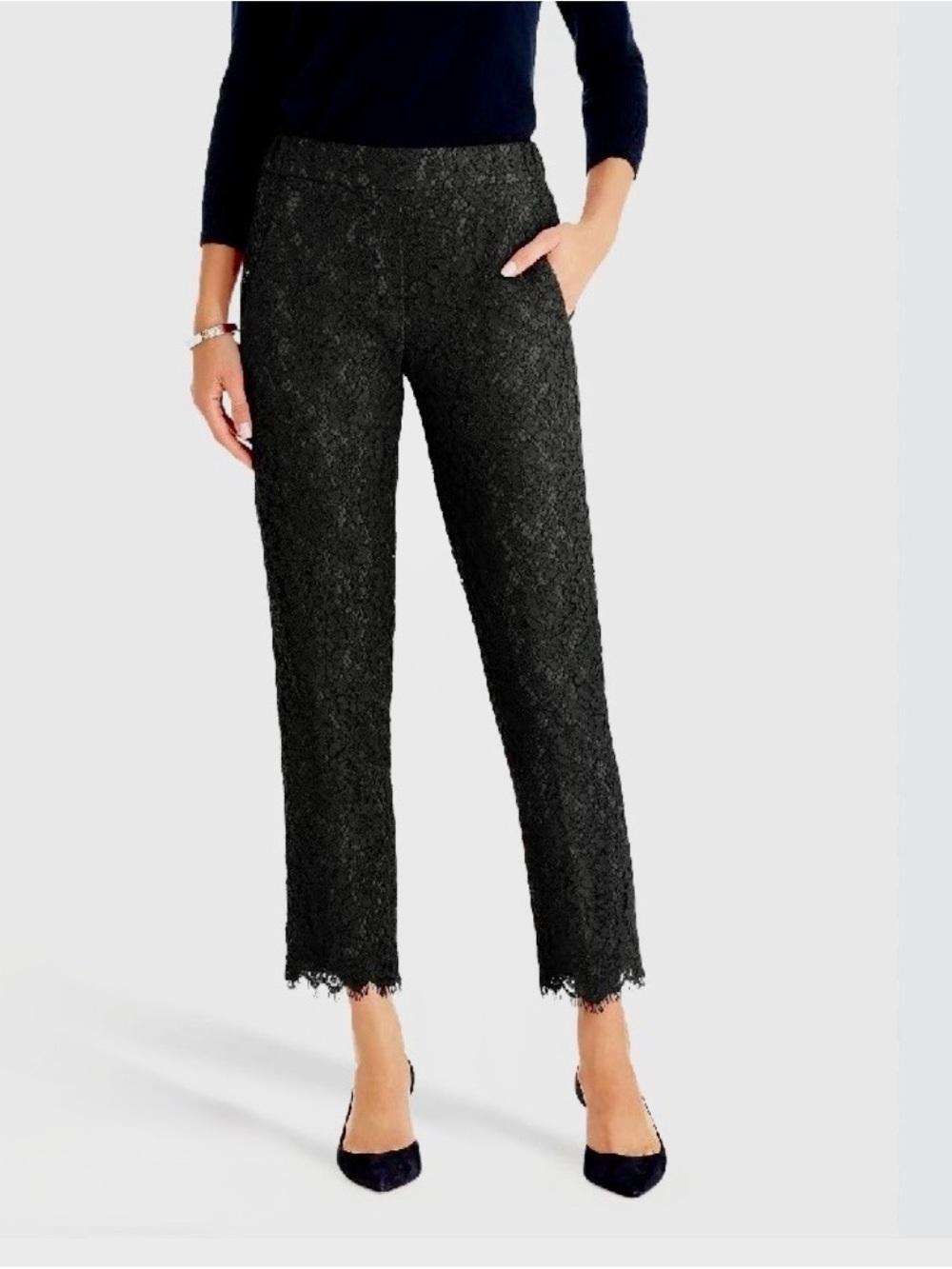 J. Crew Black Lace Cropped Straight-Leg Pants